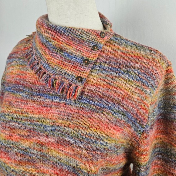 Rainbow Marled Fringe Neck Wool Blend Sweater M Button Cowl - Picture 3 of 11